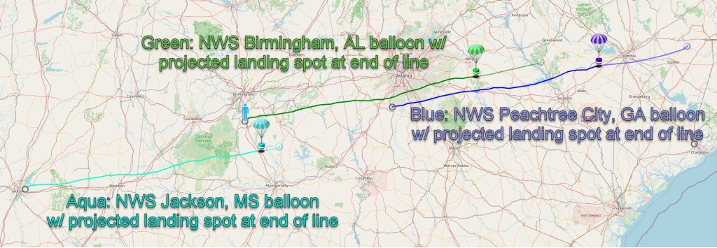 Map showing the path of weather balloons launched from Jackson, MS; Birmingham, AL; and Peachtree City, GA on January 18, 2024.